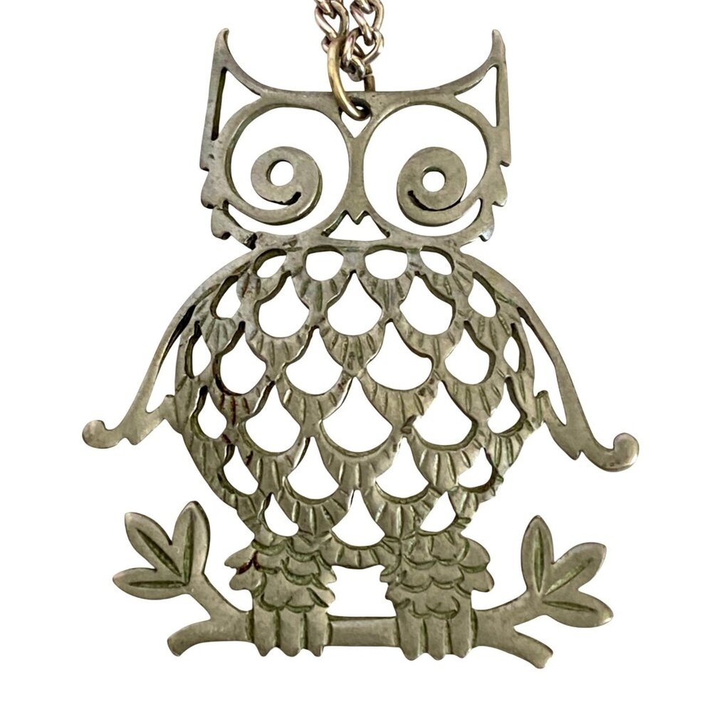 Reed and Barton Pewter Owl Pendant Necklace Vintage Jewelry